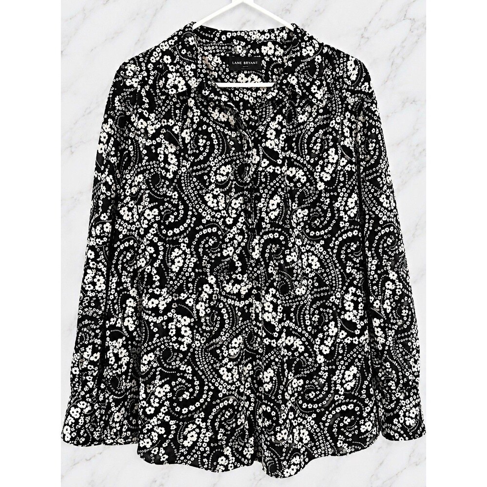 Lane Bryant Women’s Plus 18 Black White Floral Collared Button-Up Tie Cuffs